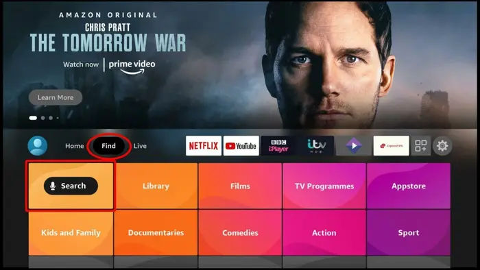 Navigating to the Search menu on the Amazon Firestick home screen