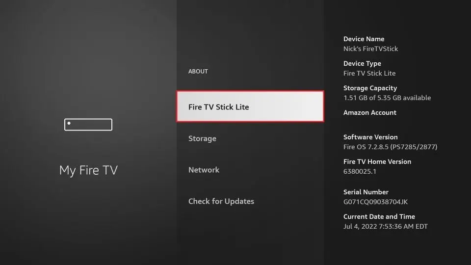 Clicking the Fire TV device name multiple times to enable hidden developer options