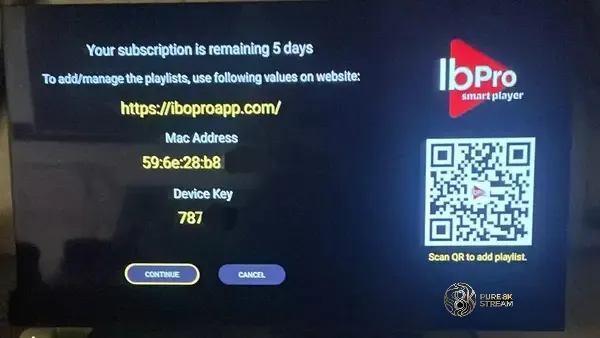 IBO Player Pro activation screen showing unique MAC Address and Device Key
