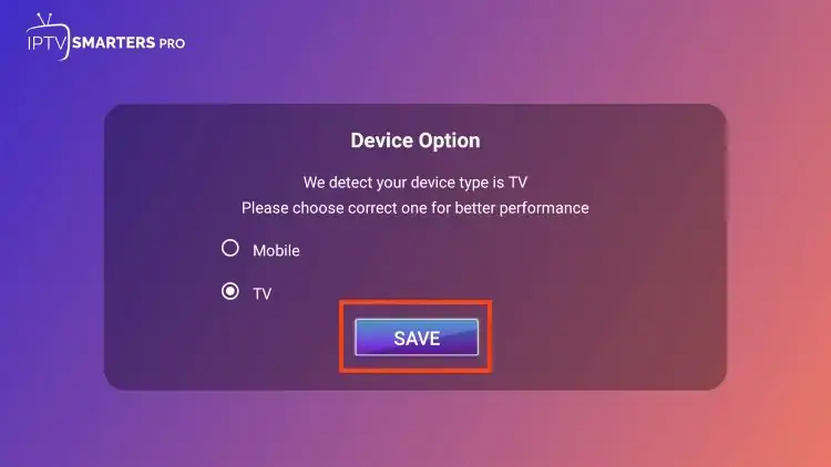 Choosing the TV layout option in IPTV Smarters Pro settings