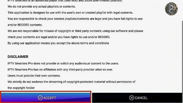 Accepting the terms and conditions for IPTV Smarters Pro