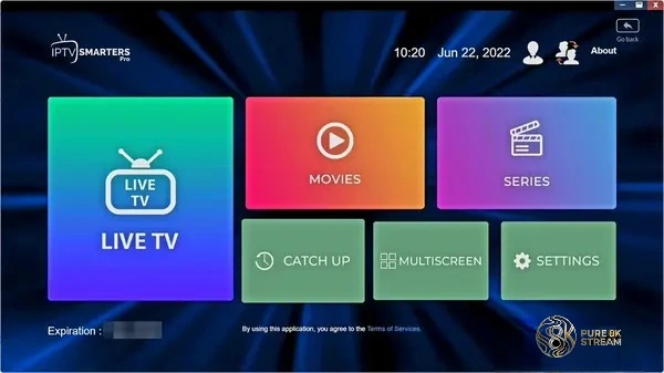 IPTV Smarters Pro App Dashboard and Home Screen Interface