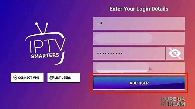 Form for entering IPTV username password and server URL