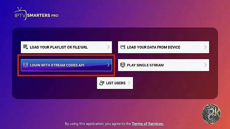 Selecting the Login with Xtream Codes API method
